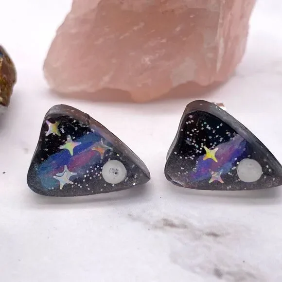 Black Space Galaxy Ouija Planchette Stud Earrings - Picture 5 of 7